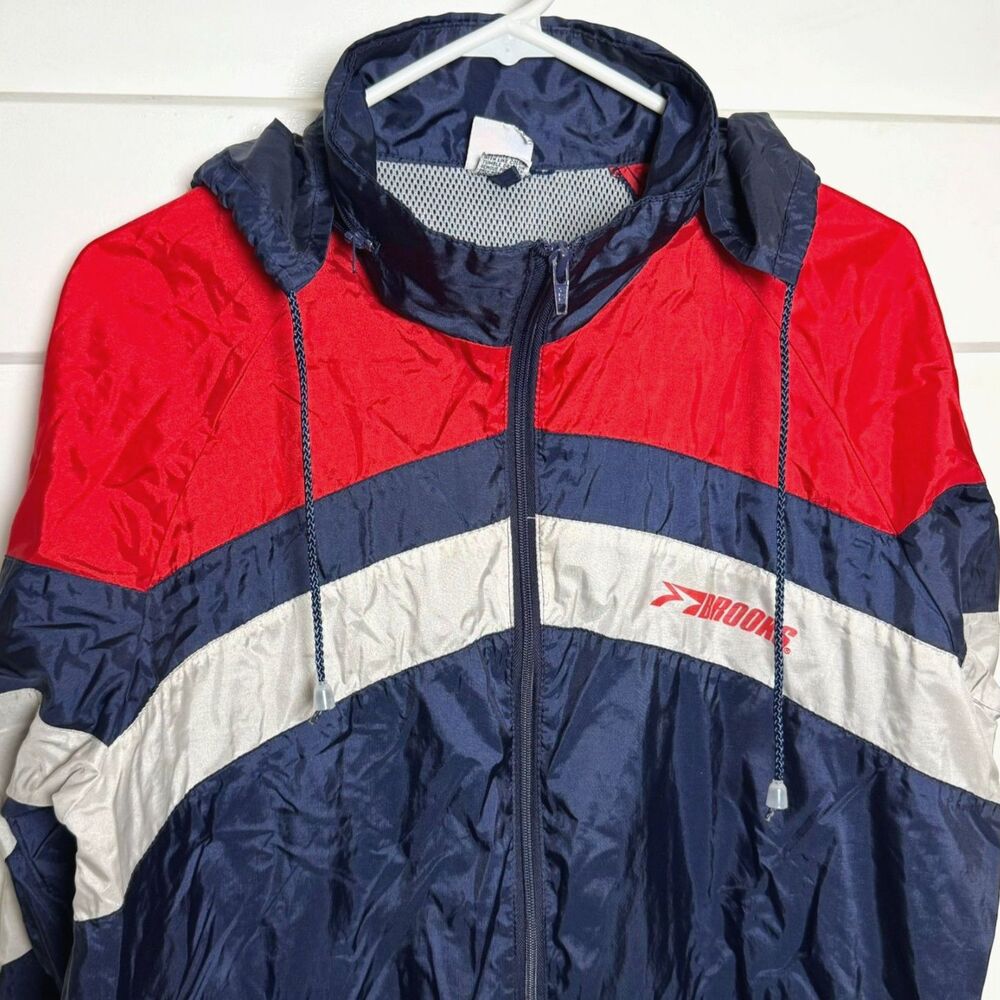 Vintage Brooks Windbreaker Jacket Mens L Navy Red White Hooded Running 90s